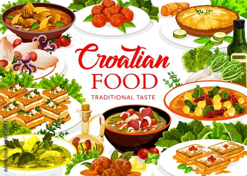 Croatian cuisine food  vector restaurant menu cover  Croatia authentic traditional meals. Croatian lunch and dinner soups  meat and seafood dishes  pastry desserts and vegetable salads