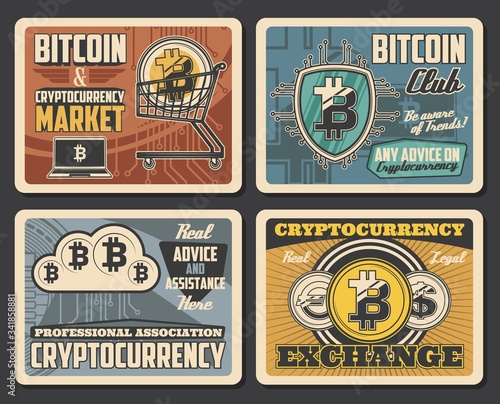 Bitcoin cryptocurrency and digital money market, vector vintage posters. Bitcoin mining traders club, cryptocurrency transactions and exchange platform, e-commerce business assistance
