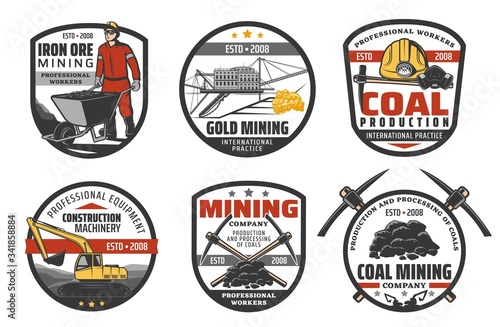 Mining industry, coal mine machinery and equipment, vector company icons. Metal iron ore and fossil coal extraction, excavator digger and bulldozer, miner jackhammer, safety hardhat and pickax