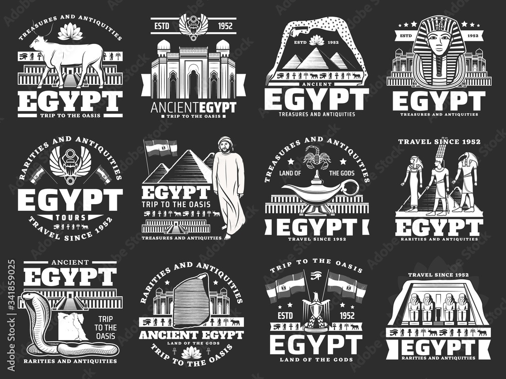 Egypt travel, vector tourism company icons for city tours, landmarks and sightseeing. Ancient Egypt famous wonders, Cairo pharaoh pyramids and sphinx, gods, sacred animals and mosque architecture