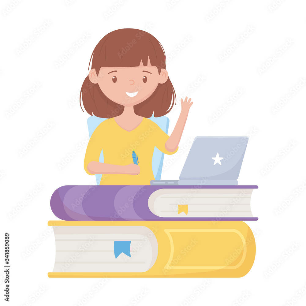 School girl with pen books and laptop vector design