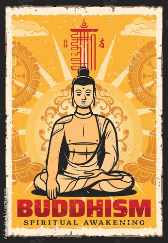 Buddhism religion vector vintage retro poster, Buddha meditation posture and mudra hand. Buddhist religious worship, spiritual awakening and mind enlightenment, Dharma teaching and Tibetan philosophy