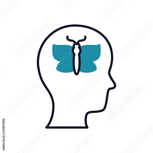 mental health concept, head with butterfly icon, half line half color style
