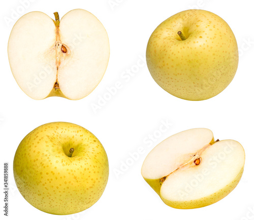 Fresh Golden Pears fruit with slices isolated on white background