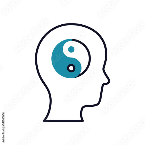 mental health concept, yin yang symbol inside human head icon, half line half color style