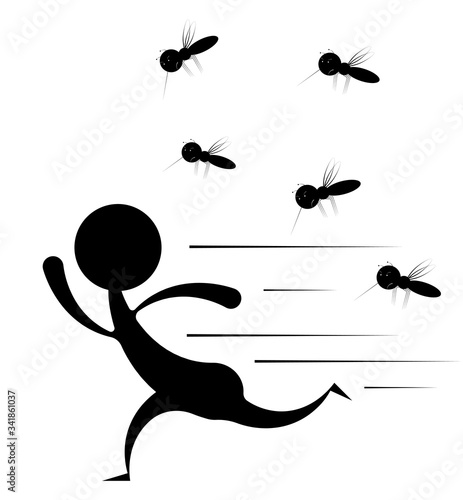 man runs away from a flock of mosquitoes. Harmful insect, disease vector. Black white isolated vector