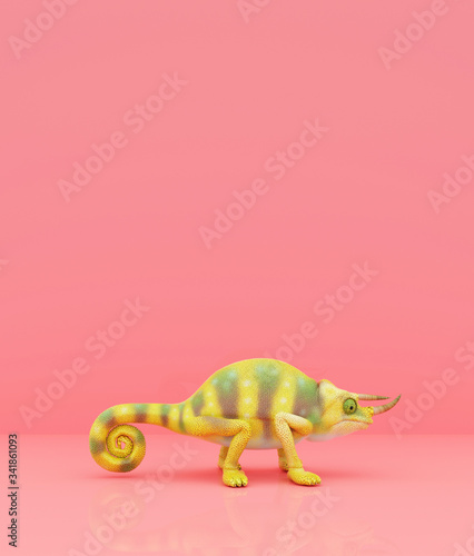 Chameleon on pastel color background 3d rendering
