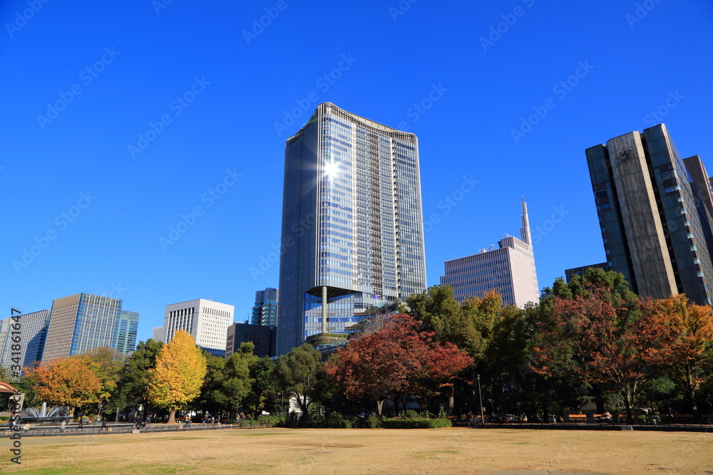 Fototapeta premium 広大な公園と建ち並ぶ高層ビルの風景