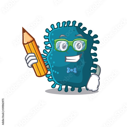 A brainy student clostridium cartoon character with pencil and glasses