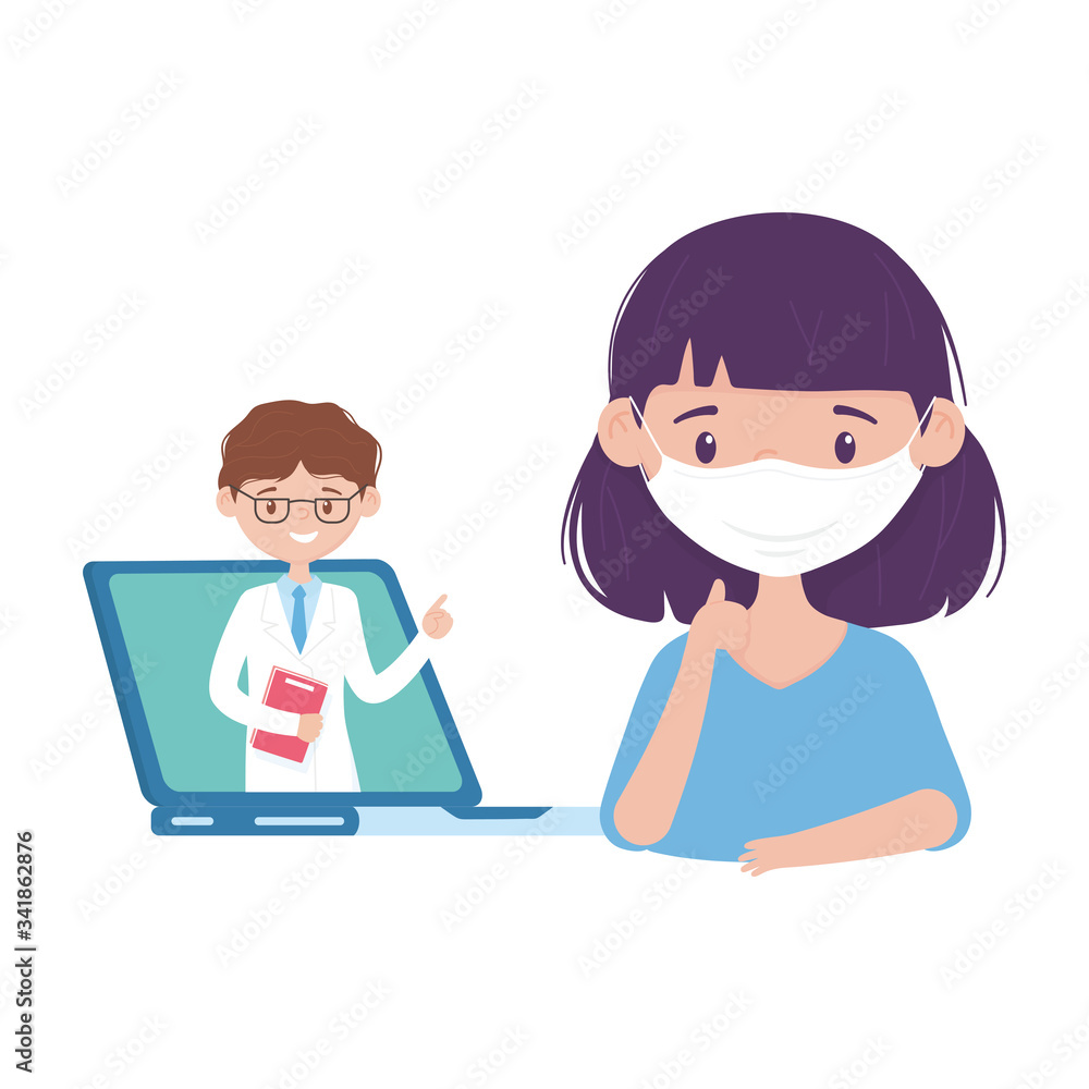 Isolated man doctor inside laptop and woman with mask vector design Isolated man doctor inside laptop and woman with mask vector design