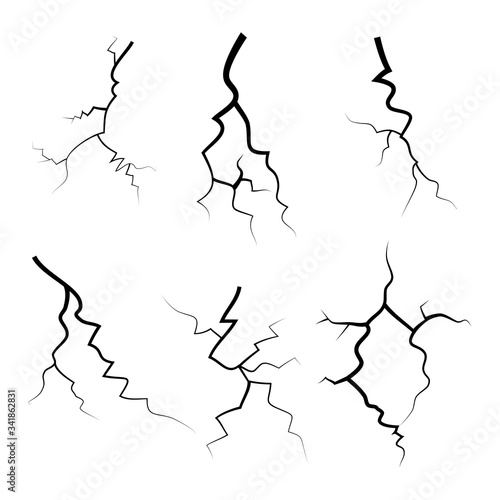 hand drawn cracked glass, wall, ground. lightning storm effect. doodle break set. vector illustration