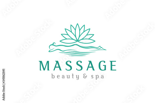 Spa massage beauty scrub salon logo design, With an illustration of a woman sleeping on her stomach, and lotus flower.