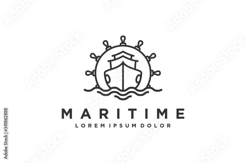 Maritime ship logo design steering wheel shape with water ocean wave element line style.
