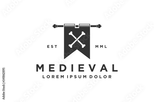 Ancient scroll flag logo with crossbones. Medieval symbol illustration.