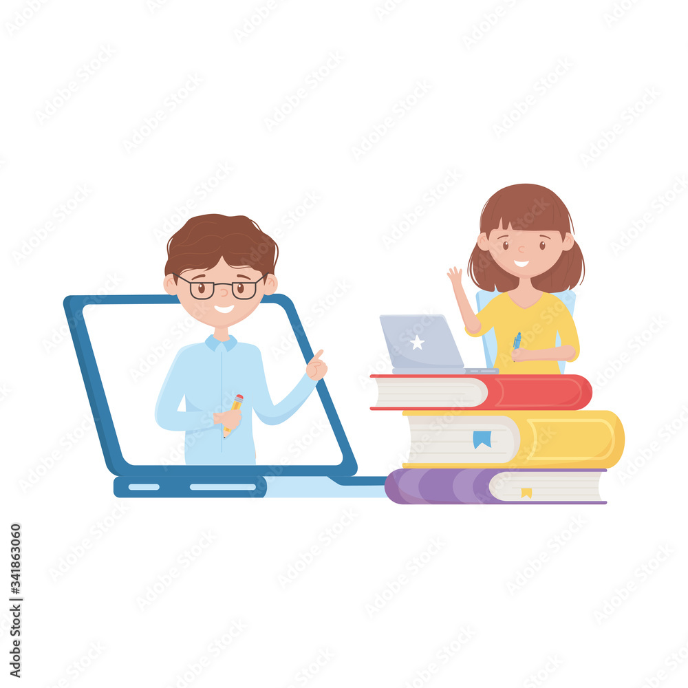 School girl boy laptop and books vector design School girl boy laptop and books vector design