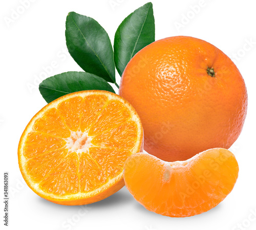 Fresh orange isolated on a white background, Mandarin orange with green leaf isolated on white background, clipping path.