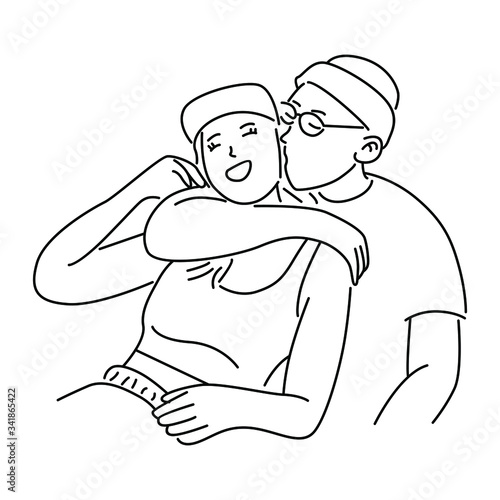 Couple hugging and consoling each other. Line art vector illustration. Isolated on white background