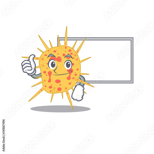 Humorous mycobacterium kansasii cartoon design Thumbs up bring a white board