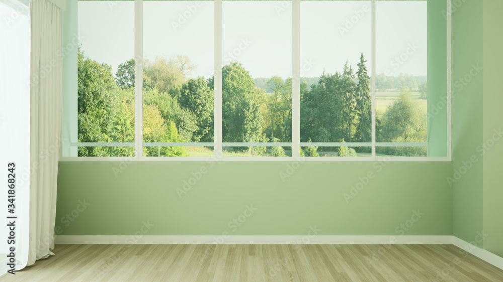 Fototapeta premium Green empty room and forest view for residential business. Relax area in empty room and meadow view .Interior simple design. 3D Rendering.