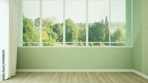 Green empty room and forest view for residential business. Relax area in empty room and meadow view .Interior simple design. 3D Rendering.
