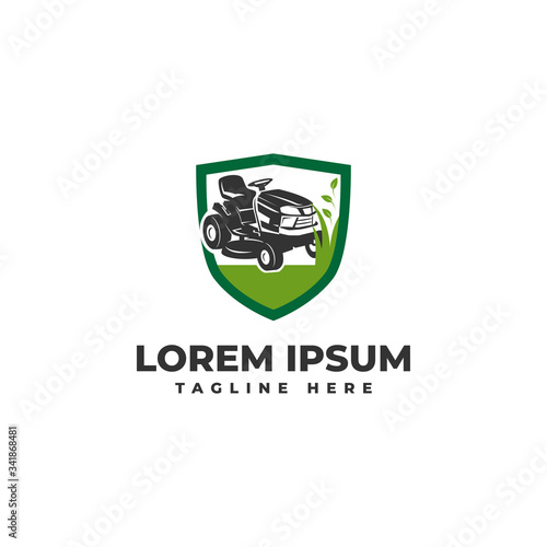 Shield Lawn Mower Tractor Logo Vector Icon Illustration
