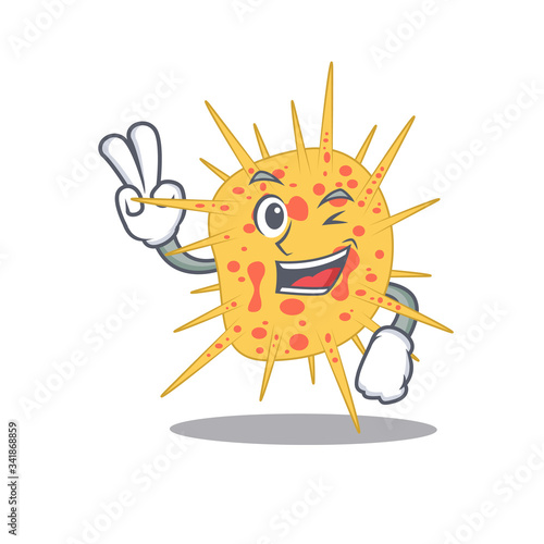 Happy mycobacterium kansasii cartoon design concept with two fingers