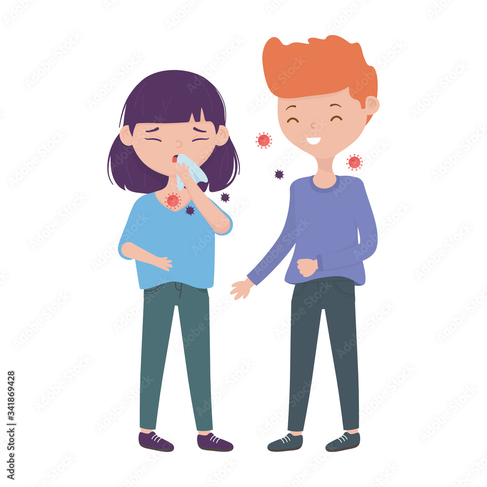 Woman with dry cough man and covid 19 virus vector design Woman with dry cough man and covid 19 virus vector design