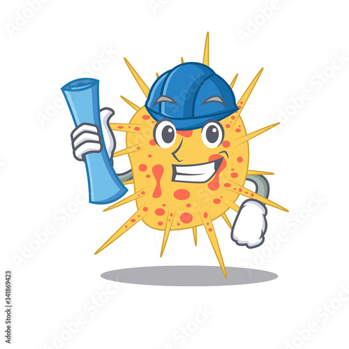 Cartoon character of mycobacterium kansasii brainy Architect with blue prints and blue helmet