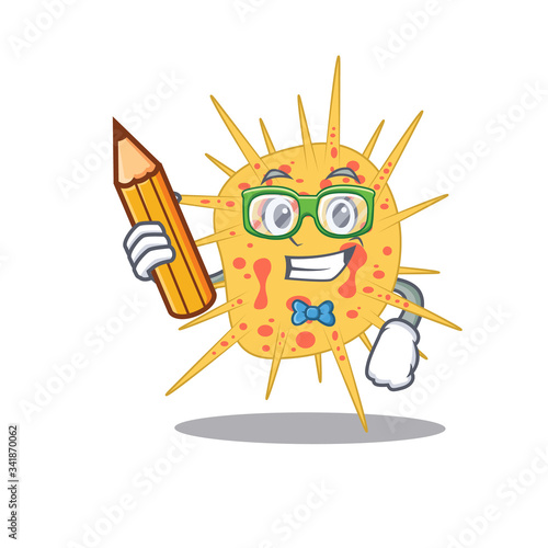 A brainy student mycobacterium kansasii cartoon character with pencil and glasses