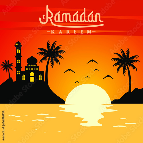 ramdan kareem with sunset view in the beach vector background