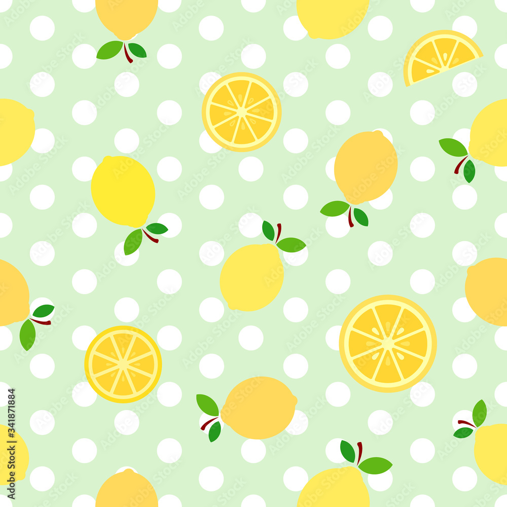 Lemons illustration with polka dots green background seamless pattern