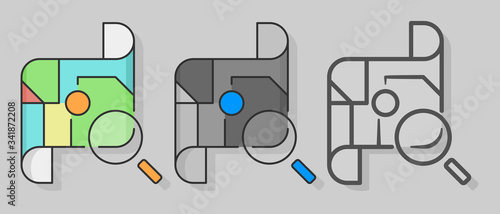 Search location icons set in different style. Map and magnifying glass. Flat style. Isolated.  