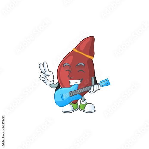 Happy face of liver cartoon plays music with a guitar