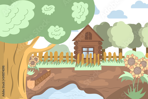 Rural landscape. House, backyard, trees, Lake. Doodle style. Vector illustration