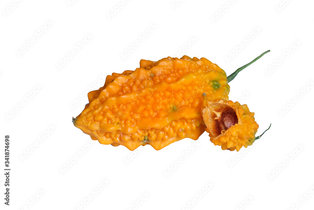Bitter gourd, yellow, cracked outer skin Can see the seed inside, Isolated white background, front view. Bitter gourd, yellow, cracked outer skin Can see the seed inside, Isolated white background, front view.