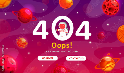 Error 404, page not found. Space exploration modern background. Cute gradient template with planets and stars for poster, banner or website page.