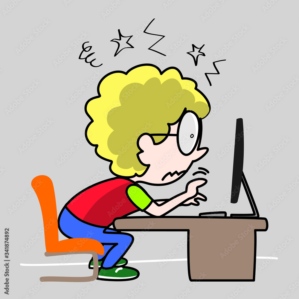 Young professional man is chasing deadlines in the front of computer. Stress, frustrated. Vector illustrations. Cartoon style.