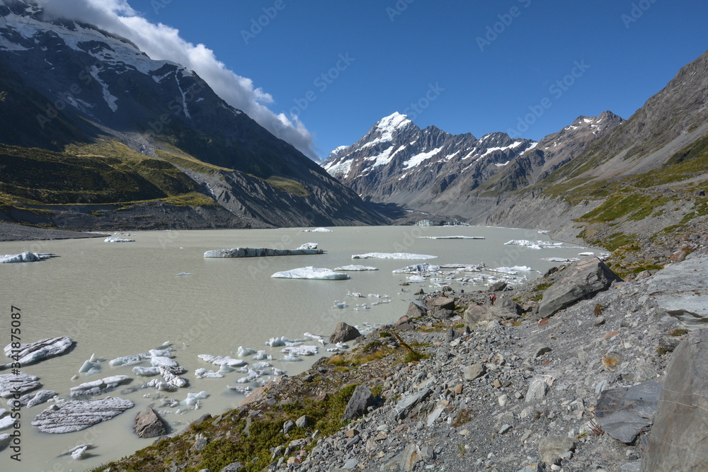 View of Mount Cook across Hooker Lake, New Zealand View of Mount Cook across Hooker Lake, New Zealand
