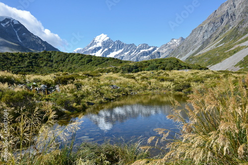 Reflecting view of Mount Cook in a pond, New Zealand