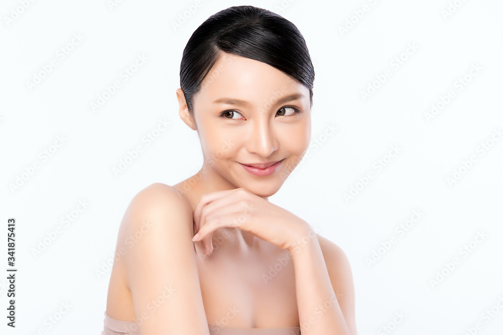 Beautiful Young Asian Woman with Clean Fresh Skin. Face care, Facial treatment, Cosmetology, beauty and healthy skin and cosmetic concept, woman beauty skin isolated on white background Beautiful Young Asian Woman with Clean Fresh Skin. Face care, Facial treatment, Cosmetology, beauty and healthy skin and cosmetic concept, woman beauty skin isolated on white background