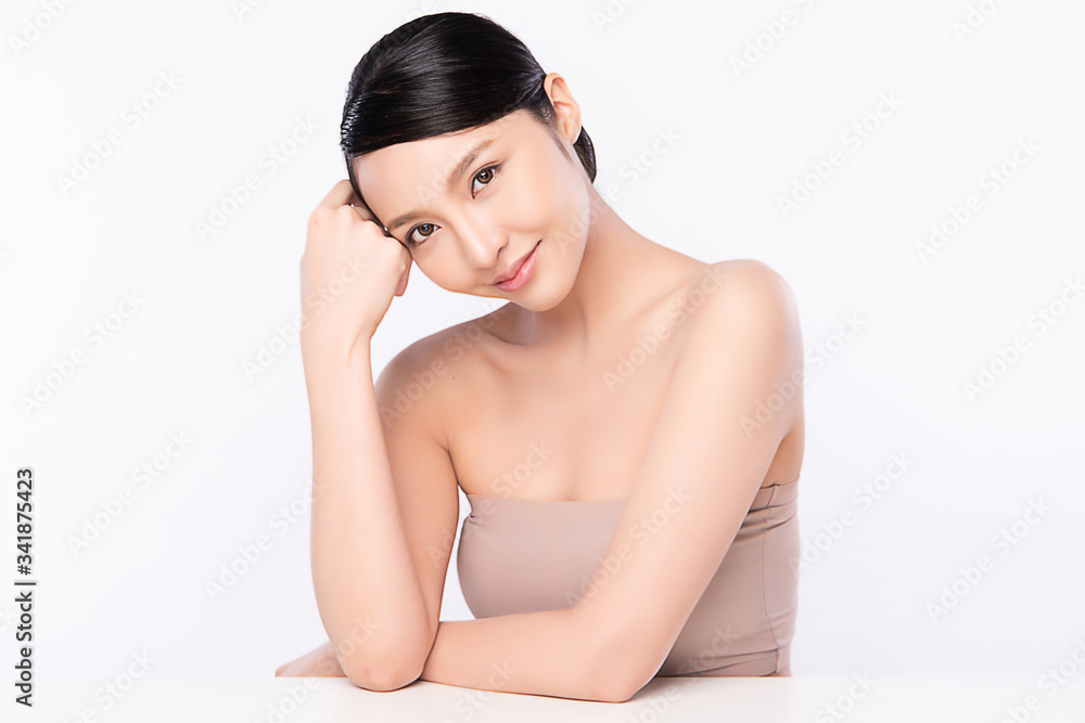 Beautiful Young Asian Woman with Clean Fresh Skin. Face care, Facial treatment, Cosmetology, beauty and healthy skin and cosmetic concept, woman beauty skin isolated on white background Beautiful Young Asian Woman with Clean Fresh Skin. Face care, Facial treatment, Cosmetology, beauty and healthy skin and cosmetic concept, woman beauty skin isolated on white background