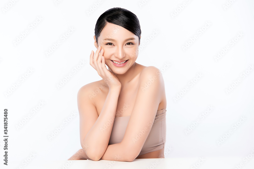 Beautiful Young Asian Woman with Clean Fresh Skin. Face care, Facial treatment, Cosmetology, beauty and healthy skin and cosmetic concept, woman beauty skin isolated on white background Beautiful Young Asian Woman with Clean Fresh Skin. Face care, Facial treatment, Cosmetology, beauty and healthy skin and cosmetic concept, woman beauty skin isolated on white background