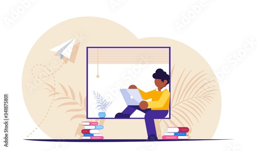 Freelancer or employee during distance work sits with laptop on the window sill near the window. Modern flat vector illustration.