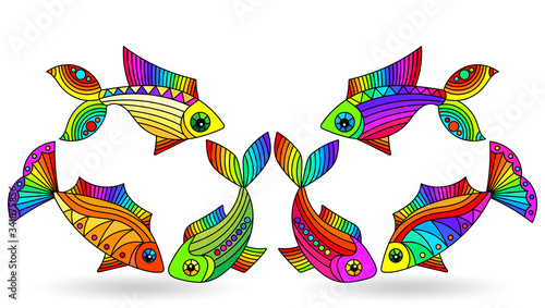 A set of illustrations in a stained glass style with bright rainbow abstract fish isolated on a white background