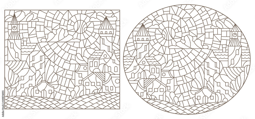 Set contour illustrations of the stained glass Windows with city scenery, darc contours on a white background