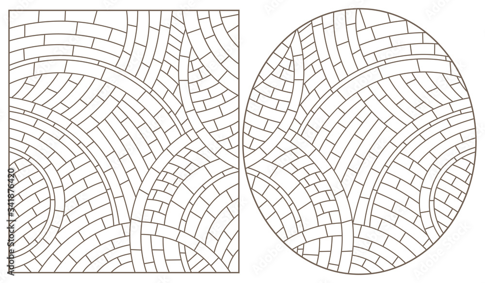 Set of abstract backgrounds contour stained glass, dark outlines on a white background, oval and rectangular images