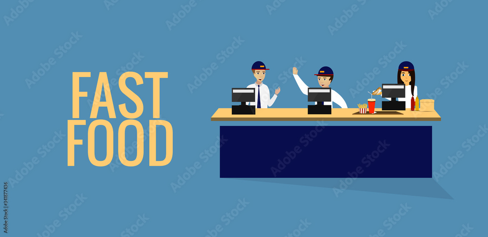 Fast food . Workers in uniforms and people. EPS10.