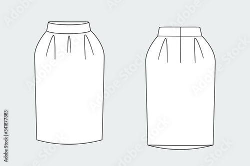 Female skirt vector template isolated on a grey background. Front and back view. Outline fashion technical sketch of clothes model.