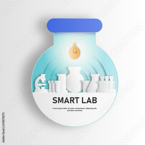 Paper art style of laboratory equipment and illuminated light bulb in flask. Concept science and lab vector illustration.