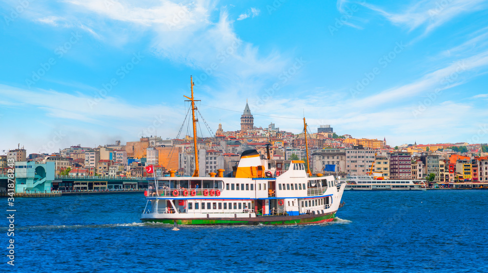 Sea voyage with old ferry (steamboat) in the Bosporus - Dolmabahce Palace  seen from the Bosphorus  - Galata Tower, Galata Bridge, Karakoy district and Golden Horn, istanbul - Turkey
